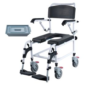 VEVOR Shower Commode Wheelchair with 4 Lockable Wheels, Footrests, Flip-up Arms, 3-Level Adjustable Height, 5L Removable Bucket, 350 LBS Capacity